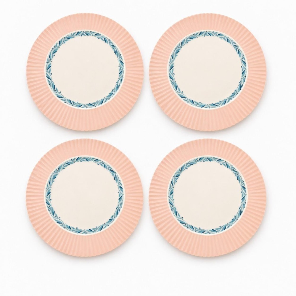 Lenox Set of 4 Salad Plates 9" Pink Scalloped Rim Blue Laurel Border USA